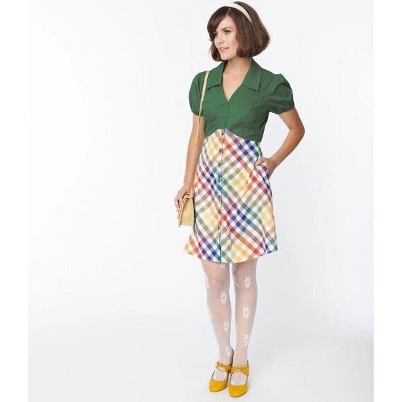 Unique Vintage Smak Parlour 1970s Green & Rainbow Gingham Mini Shirt Dress XS - Picture 1 of 11